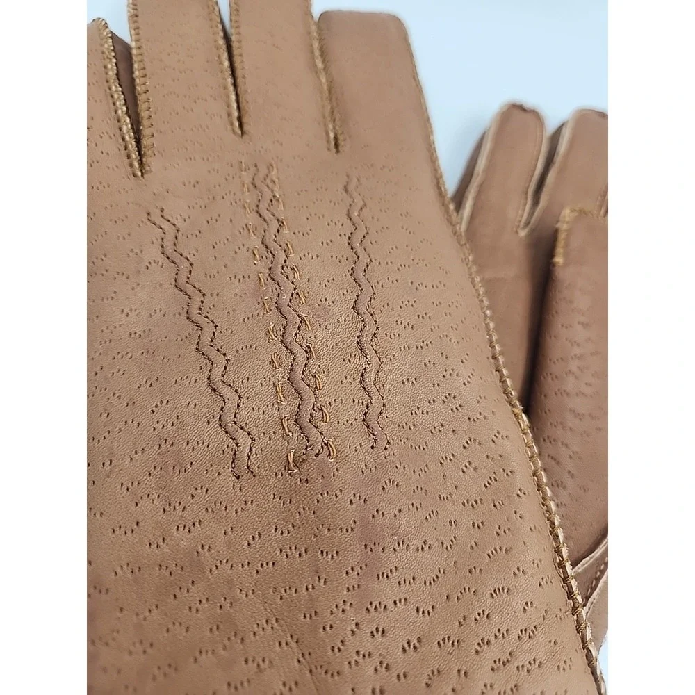 Vtg Tan Leather‎ Gloves With Sherpa Lining Size Med 9-9.5